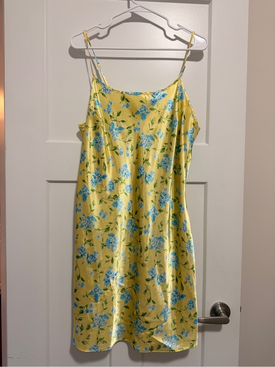 Dresses & Skirts - Yellow Satin Slip Dress with Blue Floral Print